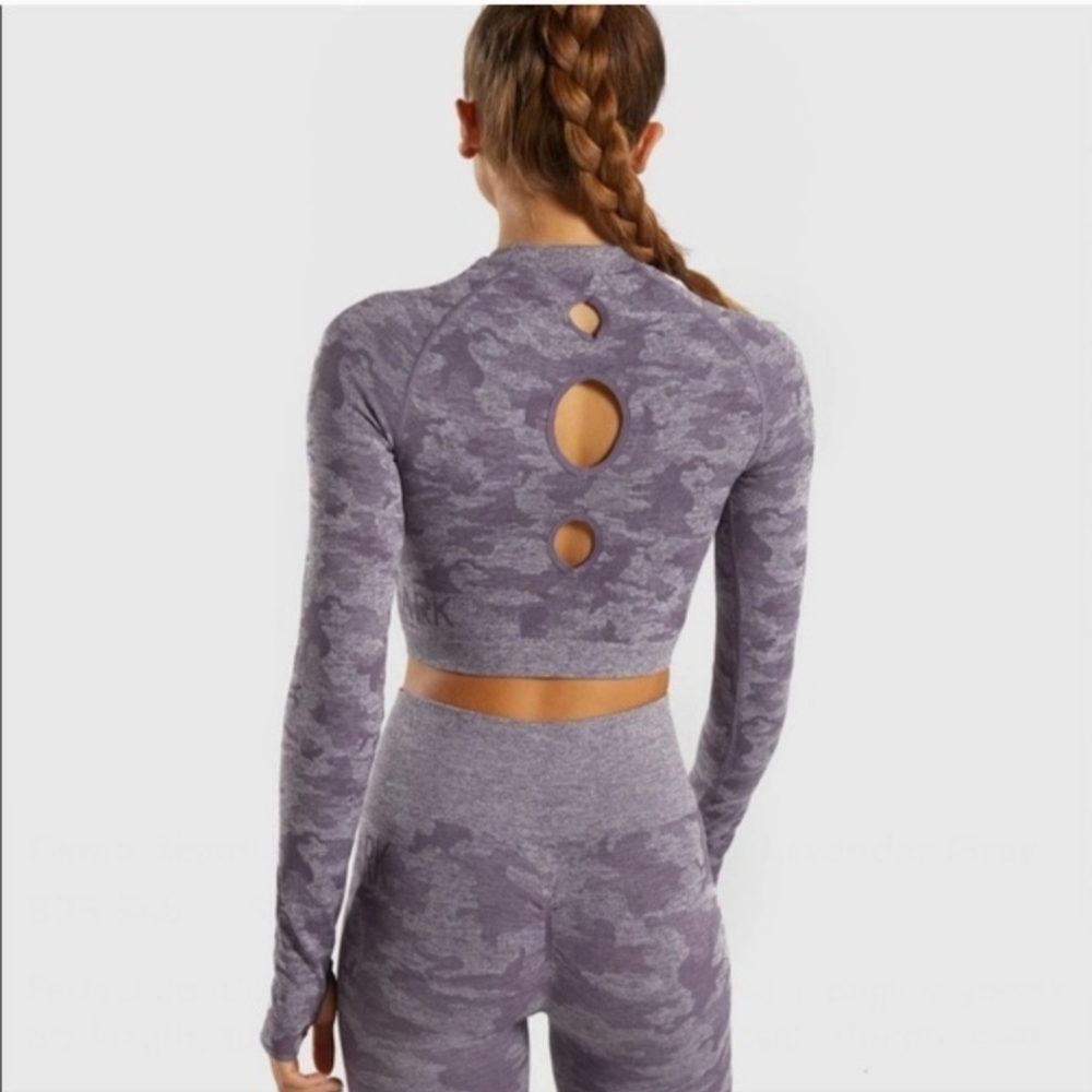Gymshark Camo Seamless Long Sleeve Crop Top Dry Thumbholes Cutouts Cinched Small